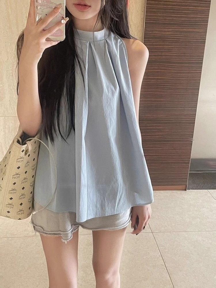 甜辣妹掛脖吊帶小背心女夏季外穿法式高級感絕美襯衫藍色無袖上衣