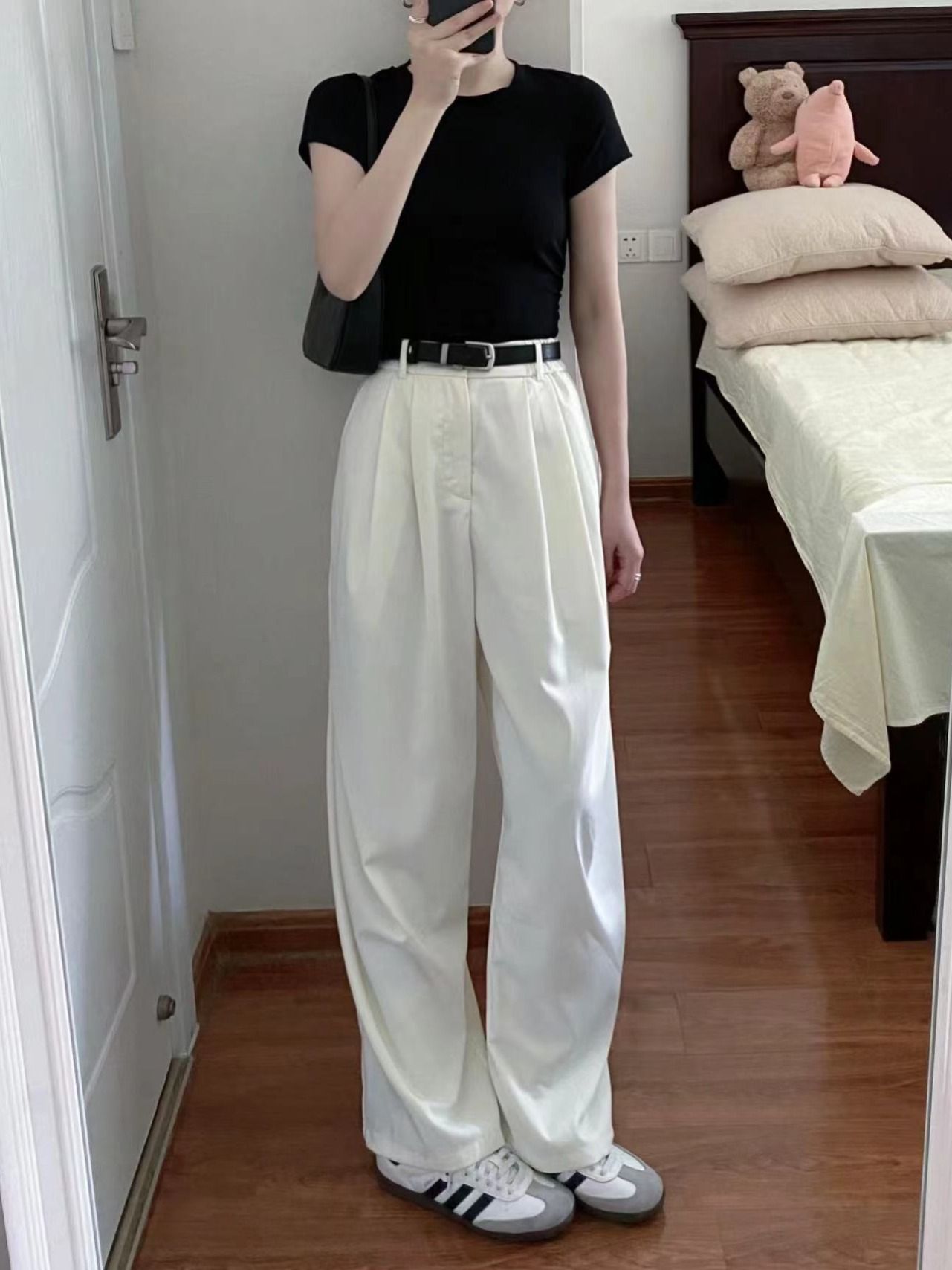 小個子白色高腰闊腿牛仔褲女垂感寬鬆顯瘦百搭設計感拖地直筒褲潮