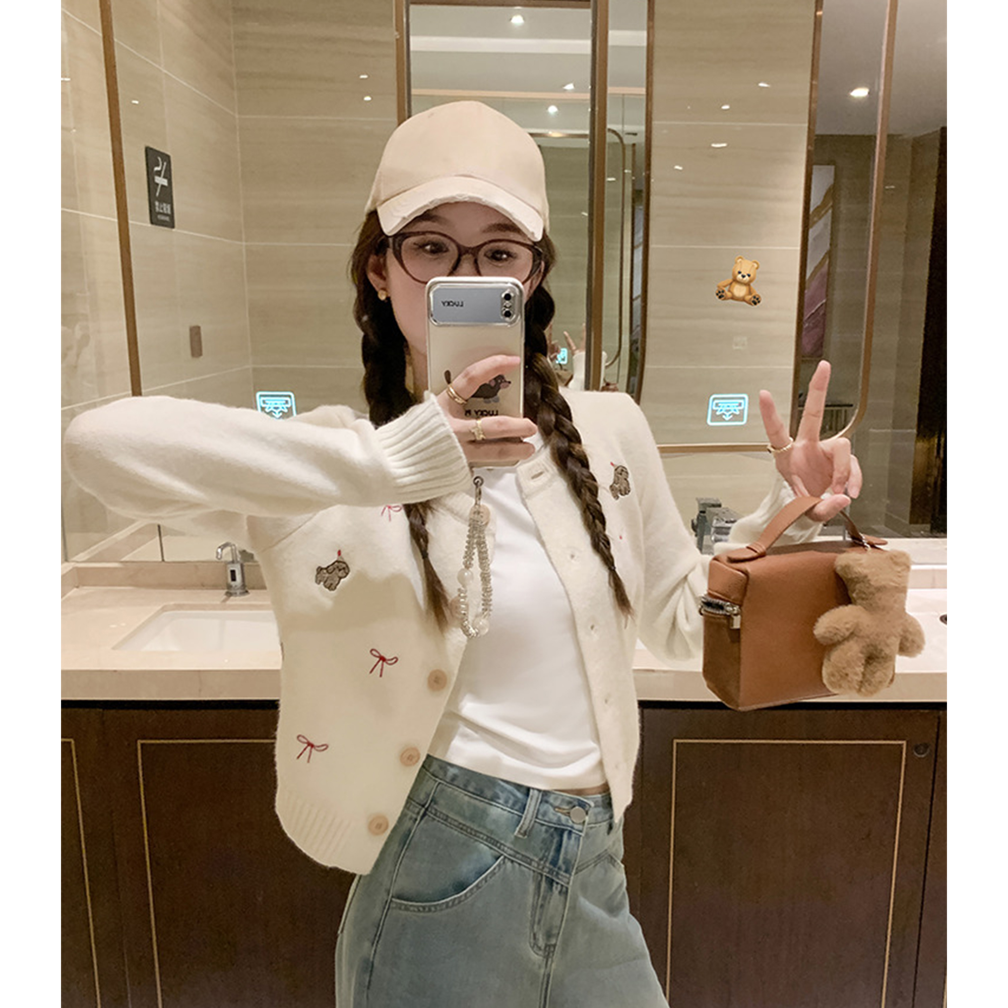 Zeng Xiaoxian puppy embroidered knitted cardigan for women in spring small sweater with top knitted sweater jacket Korean style