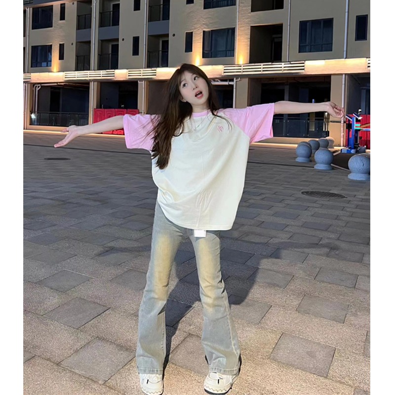 Embroidered pure cotton 210g combed tight back bag 240 catties large size rasp shoulder Hong Kong style T-shirt for women