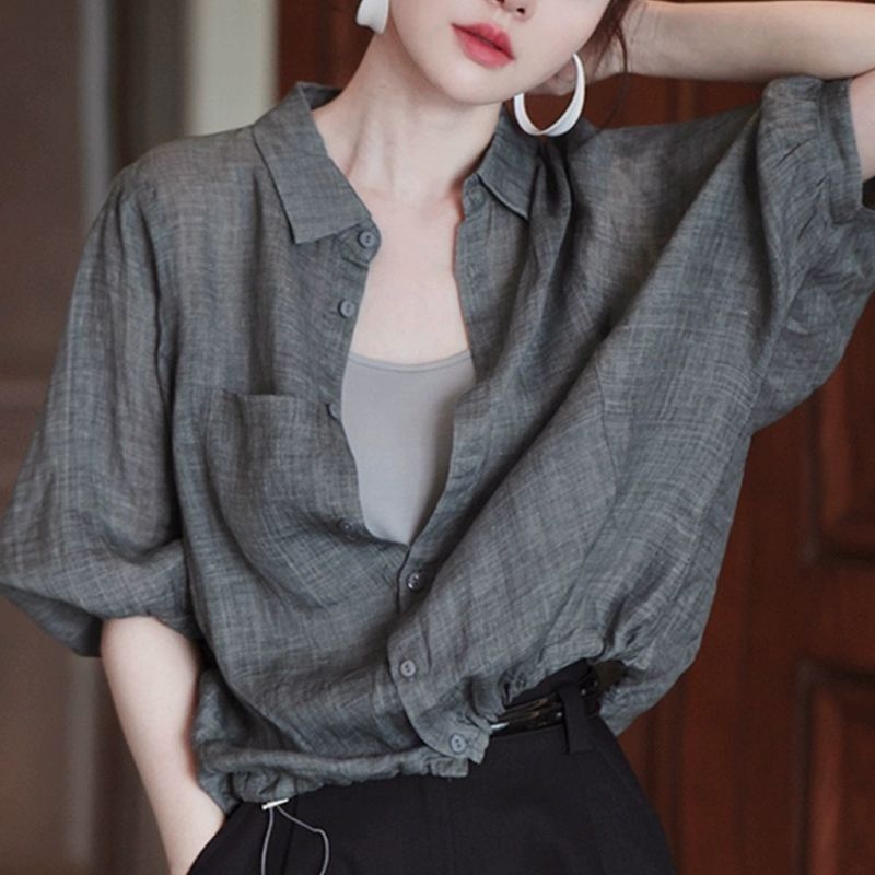 Gray lapel sunscreen shirt for women in summer thin simple and fashionable high-end commuting casual loose chic shirt