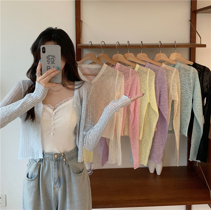 2025 summer new thin knitted cardigan with sunscreen shirt V-neck ladylike top