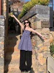 原版面料  藍色格子半身裙兩穿女夏季法式抹胸背心裙a字傘裙