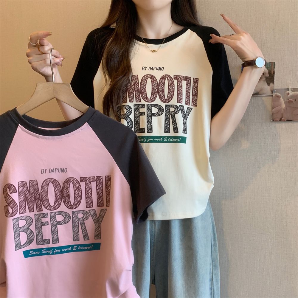 Real photo 40 pure cotton 210g 92 cotton/8 spandex short-sleeved T-shirt for women's printing waist-hugging