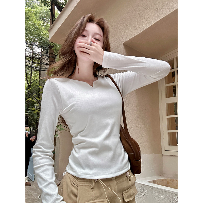 Real shot 2*2 Dev 270g 2025 spring V-neck collarbone long-sleeved T-shirt base shirt chic drawstring