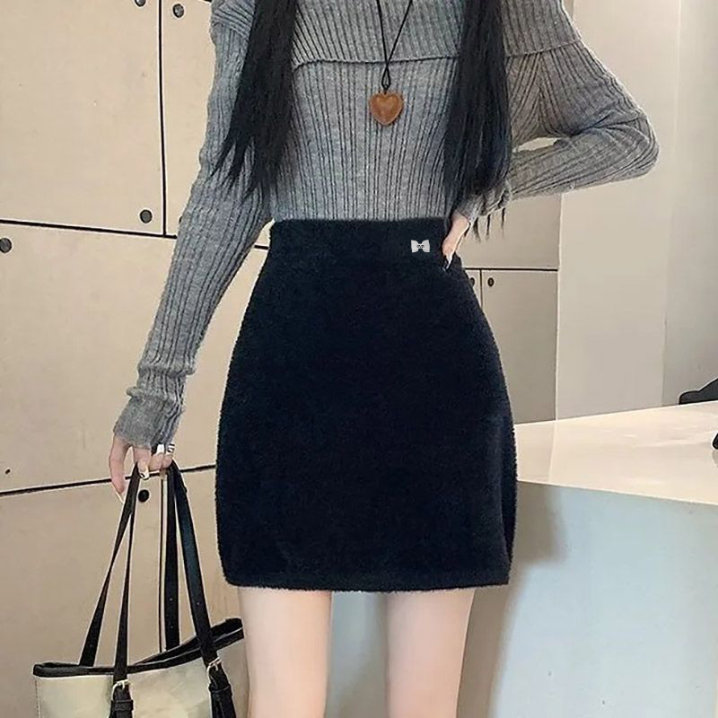 高級水貂絨純色半身裙女美拉德a字包臀短裙軟糯加厚針織半裙春夏