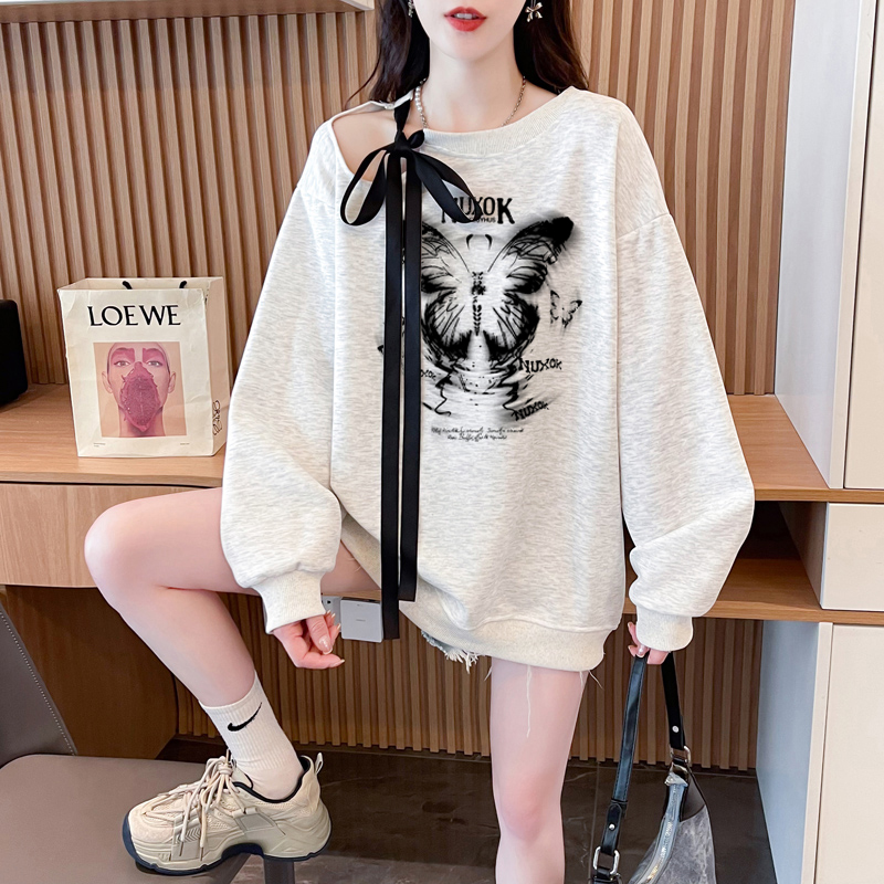 First release real shot of Huamian Fumi Milk Silk Large Size Streamer Bow Hollow Tie-Dye Printed Sweatshirt for Women