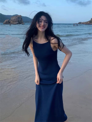 天貓質量法式一字領收腰開衩連衣裙女高級感氣質顯瘦吊帶裙子