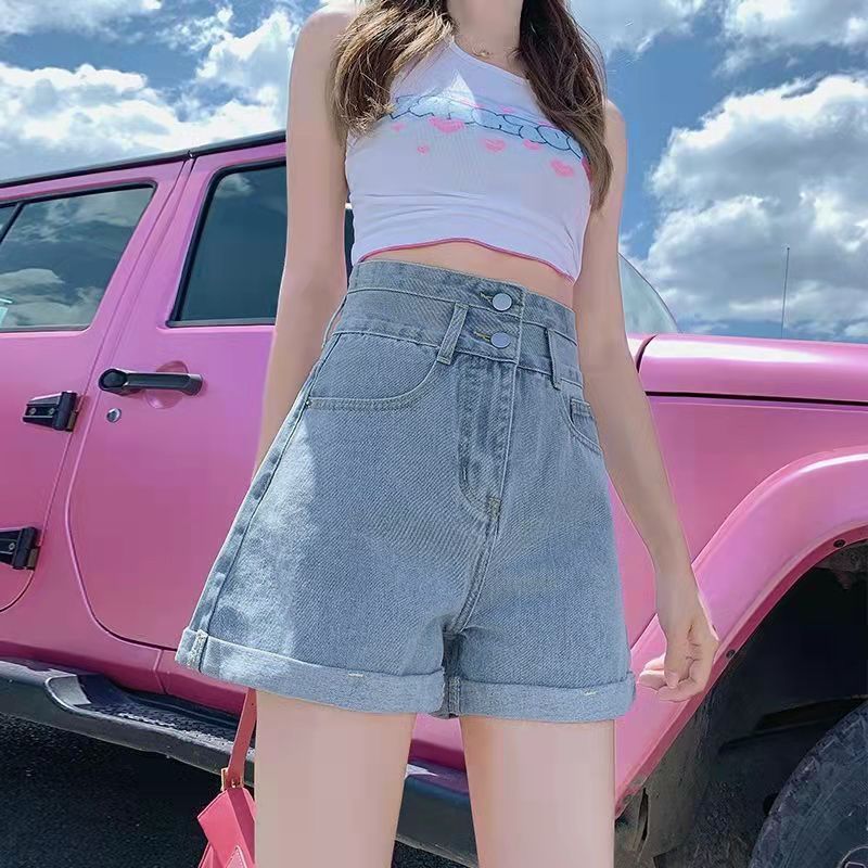 個性高腰雙扣牛仔短褲女高腰顯瘦寬鬆春夏季新款卷邊直筒牛仔短褲