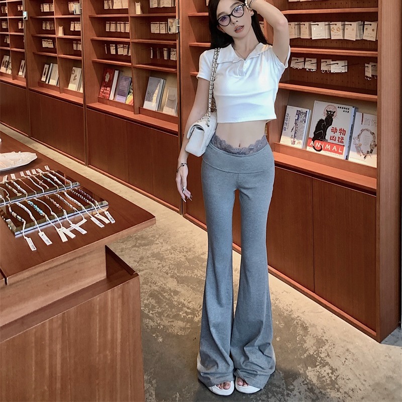Real shot!  !  Lace spliced ​​micro-flare casual pants drooping slim low-waist floor trousers
