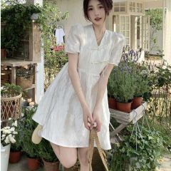 夏季新款泡泡袖白色提花短裙女大碼胖妹妹遮胯顯瘦國風盤扣連衣裙