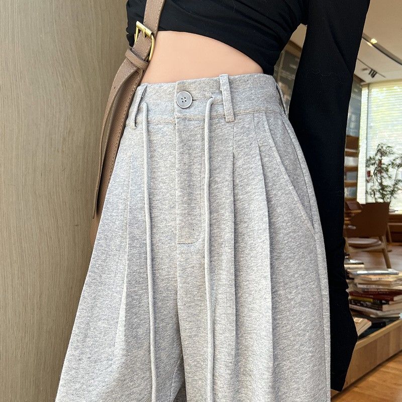2025 new gray sports pants for women high waist wide-leg straight-leg floor-moving pants for women spring and autumn casual loose sweatpants