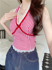 Real shot of red plaid vest suspender for women in summer splicing lace inner v-neck sexy halter neck hot girl