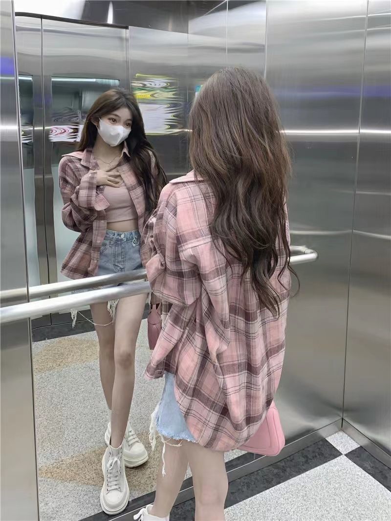 寬鬆大碼粉色開衫外搭格子開衫襯衫女上衣長袖襯衣外套學生寬鬆
