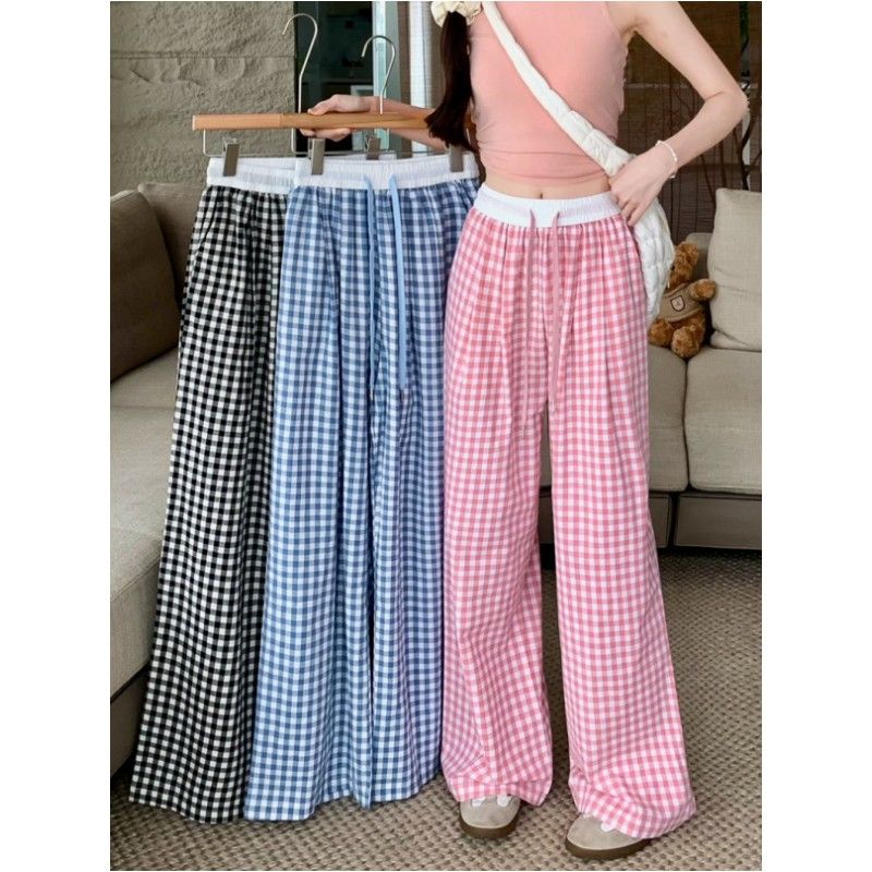 Pink checkered wide-leg pants for women, summer thin design-style relaxed pants, loose casual straight-leg, floor-length with a flowing effect.