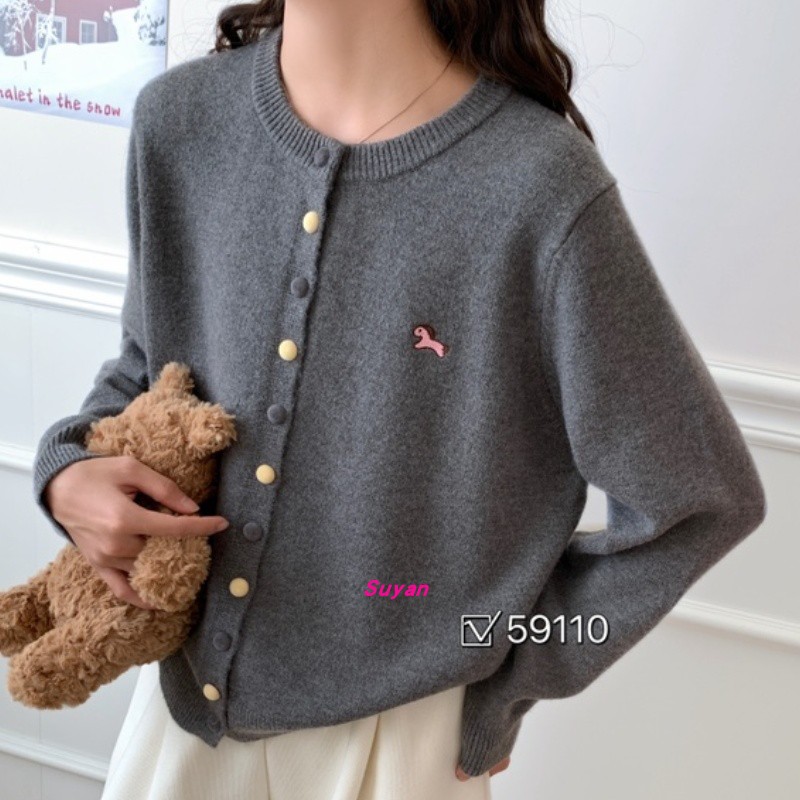 Retro college style embroidered pony color button design solid color soft glutinous long-sleeved cardigan top autumn and winter fashionable jacket
