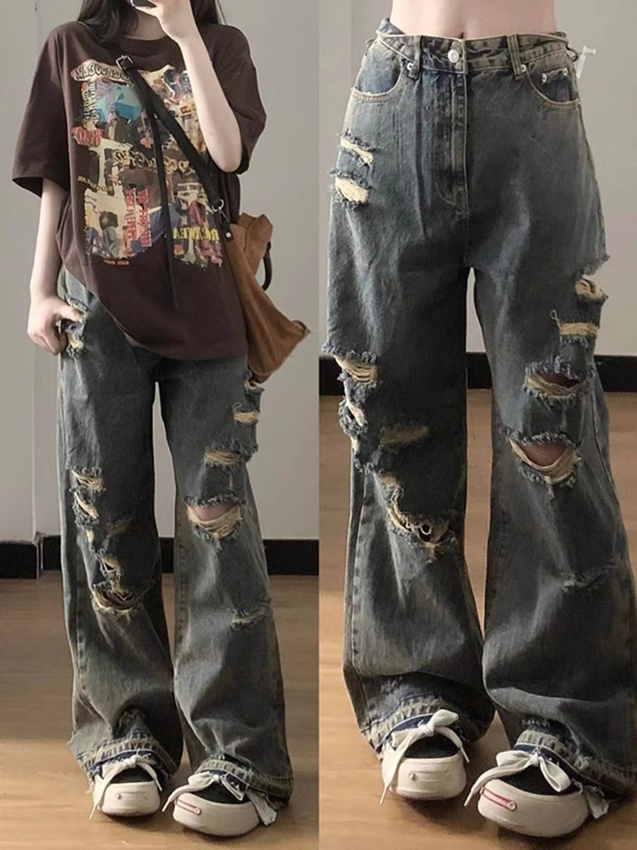 美式vibe褲子高街ins國潮寬鬆闊腿歐美hiphop高腰破洞牛仔褲女夏
