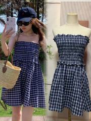，原版面料#藍色格子半身裙兩穿女夏季法式抹胸背心裙a字傘裙