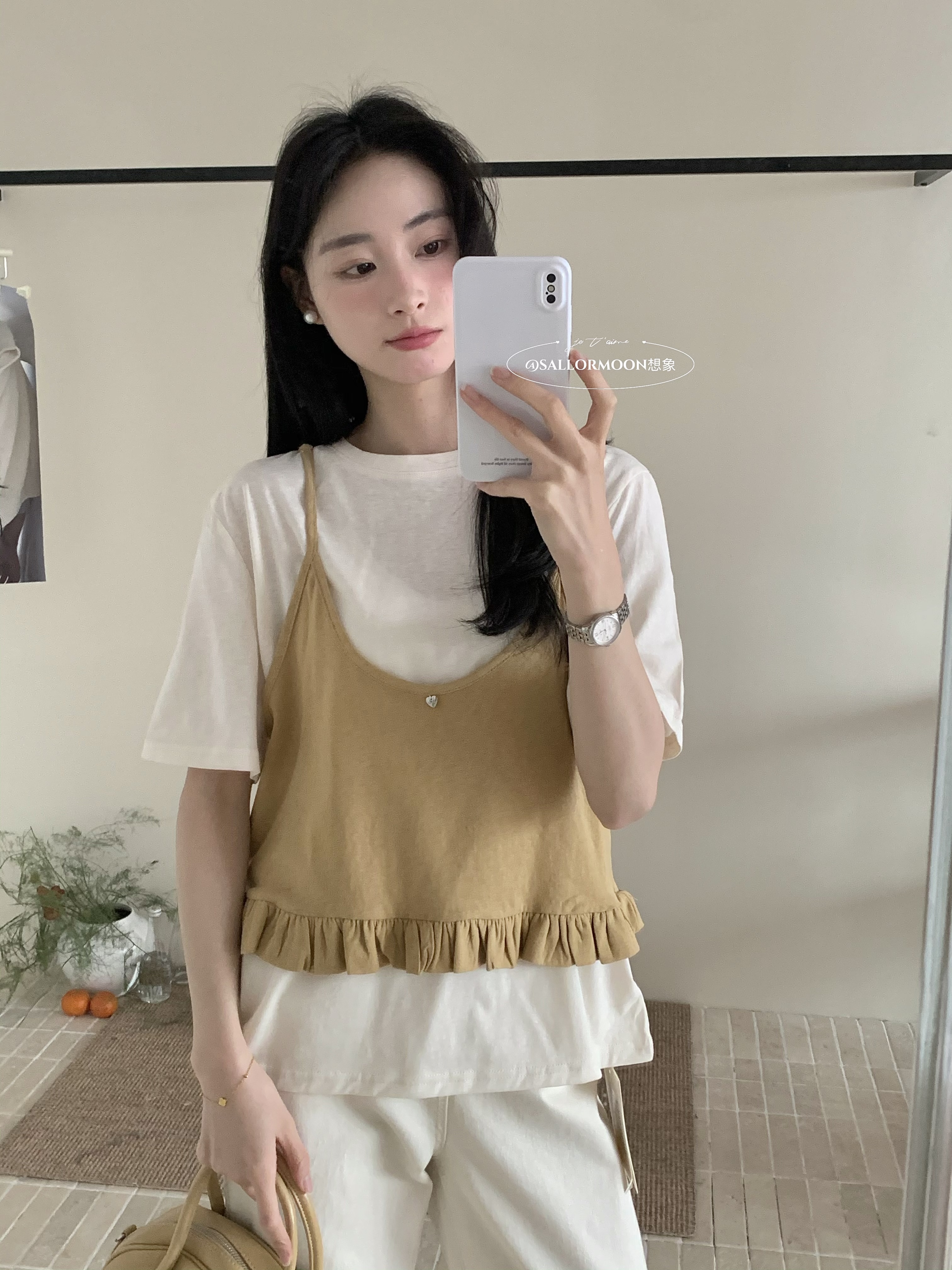 春夏韓版甜美減齡T恤上衣女+荷葉邊吊帶真兩件套