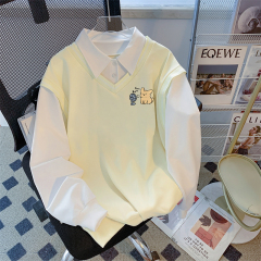 Real photo of the street back bag collar twill thin POLO collar sweatshirt for women cartoon long-sleeved jacket design top internet celebrity