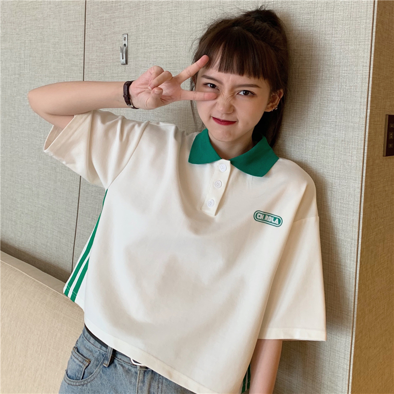 Real photo 6535 cotton short-sleeved T-shirt for women with pull strips and color POLO collar short style
