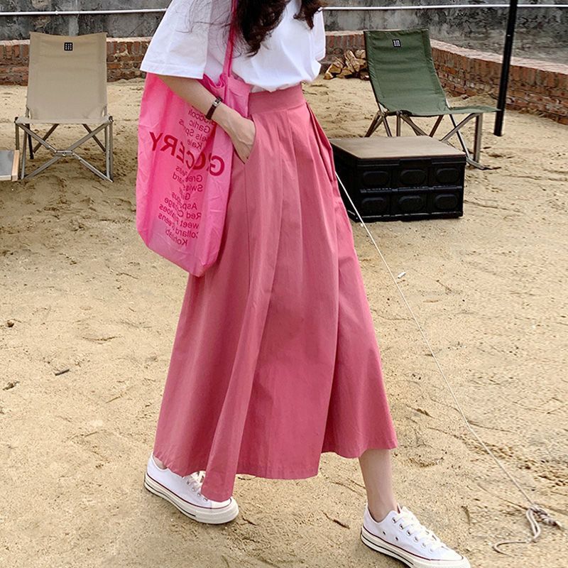 Pink skirt for women in the lower inner spring and summer design niche high waist umbrella skirt mid-length large a-line skirt