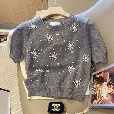 French gentle style heavy industry beaded short-sleeved sweater for women in early autumn new white round neck top