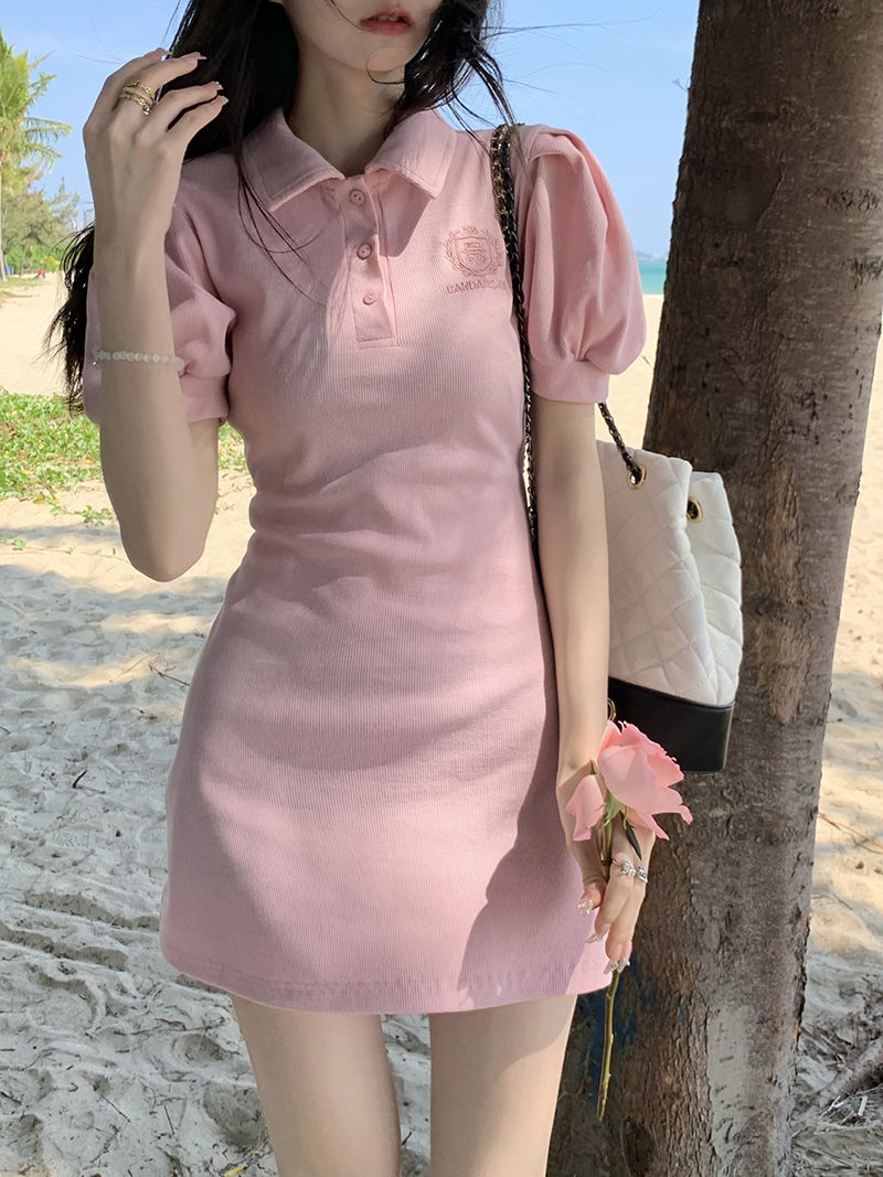 Short sweet princess design Polo neck dress for women with waist slimming French puff short sleeve T-shirt short skirt