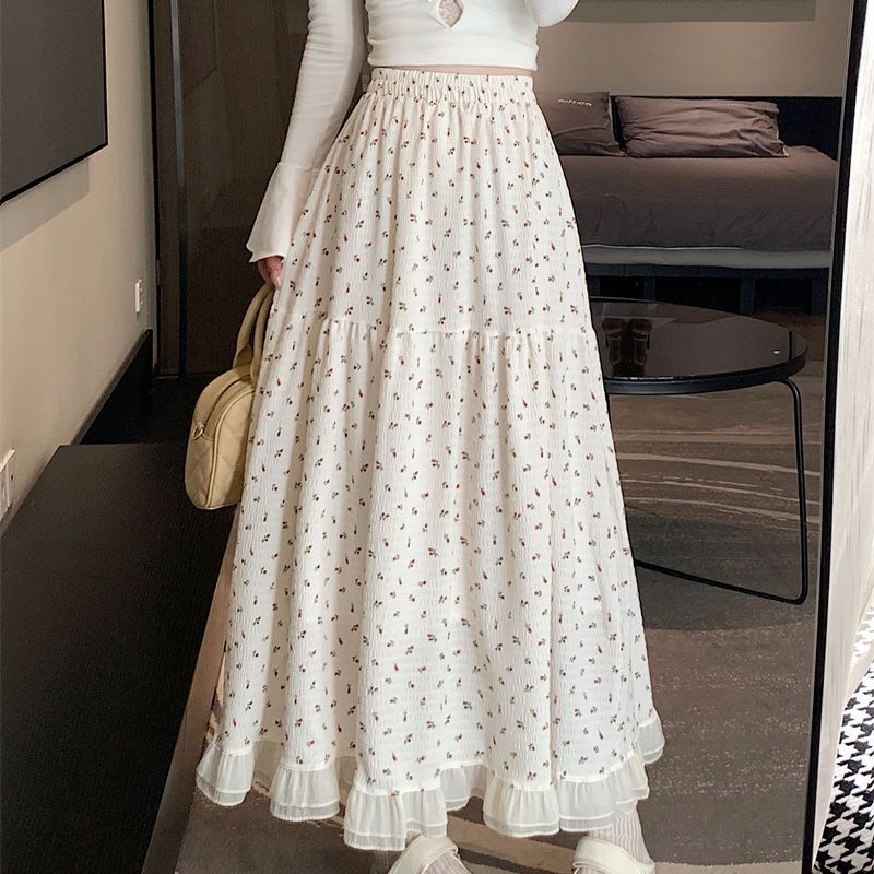 White skirt new floral high waist spring and summer mid-length design niche long skirt irregular fairy skirt