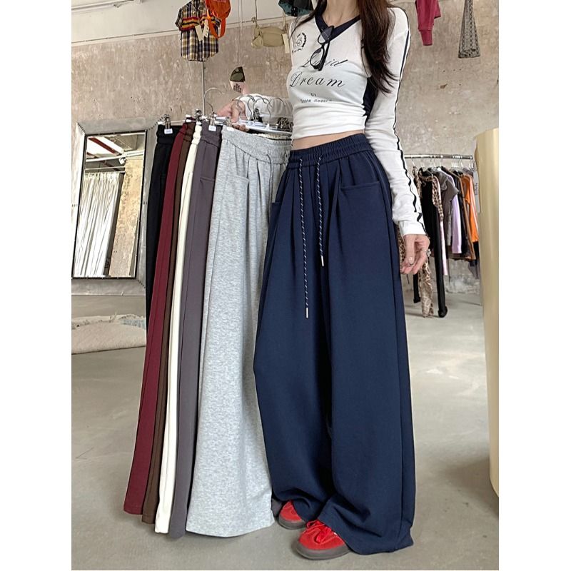 Temperament versatile drawstring sports casual pants for women in early autumn new draped straight-leg high-waisted slimming wide-leg pants long trousers