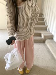 Lazy style classic versatile striped long-sleeved T-shirt for summer 2025 new loose sunscreen casual round neck top