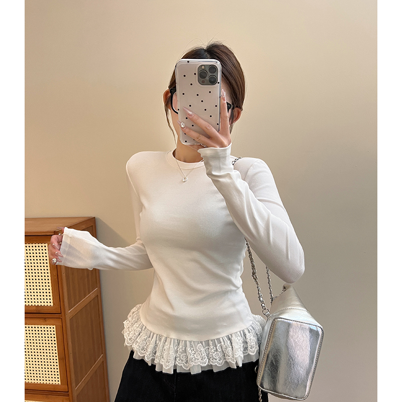 White ballet style hem lace long-sleeved T-shirt for women in spring mid-length base shirt layered inner top