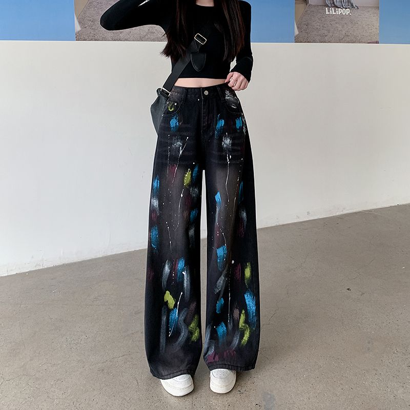 實拍小狗刺繡牛仔褲女新款闊腿寬鬆拖地褲高腰顯瘦直筒褲子