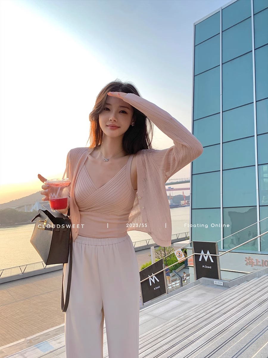 Simple and versatile Tennis linen sunscreen knitted cardigan two-piece set for women's spring and summer thin suspender vest simple