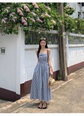 格子抹胸裙一字肩連衣裙女夏季法式氣質設計感收腰海邊度假長裙子