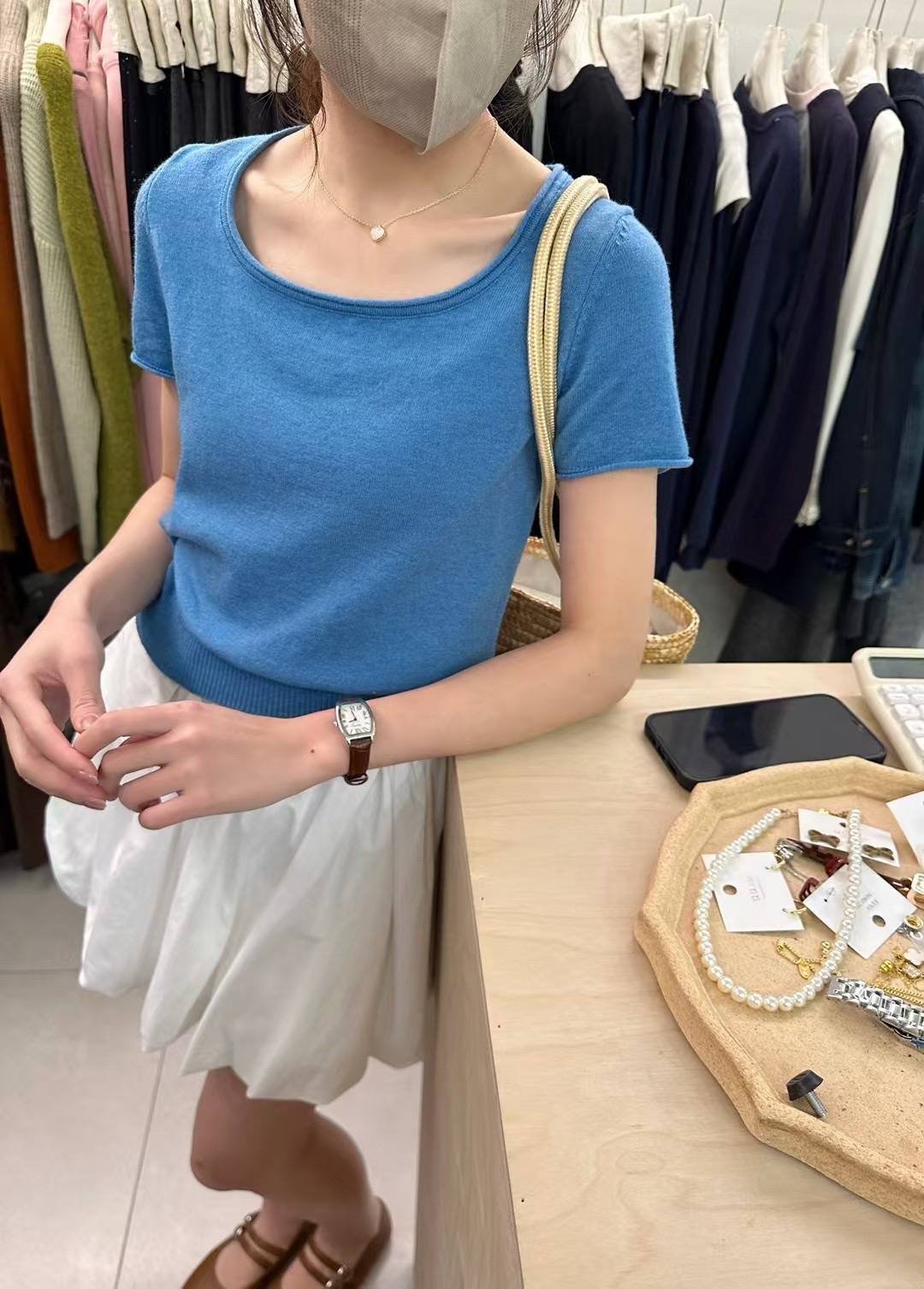 實拍～方領短袖針織衫女2025春法式簡約純色百搭小個子短款薄上衣