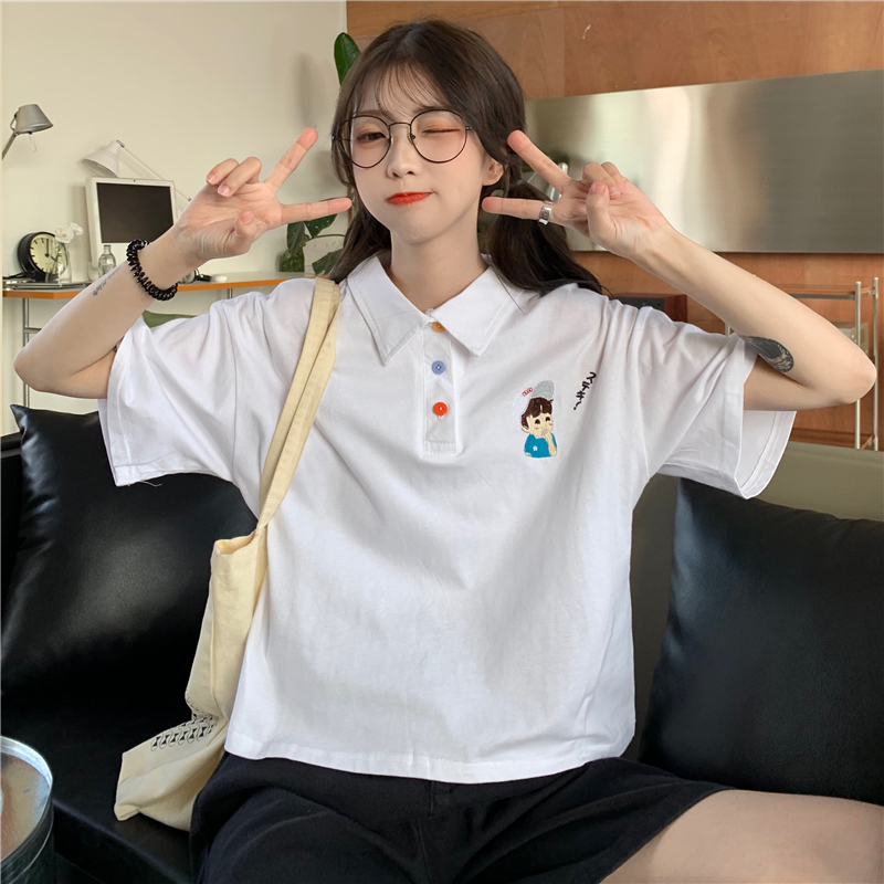 Real shot 6535 cotton POLO collar short sleeve short embroidered shirt for women