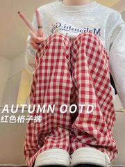 Magnificent red plaid pants for women with high waist slim and versatile draping lazy style casual straight wide-leg pants