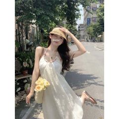 在逃公主裙洛月花神夏季新款純欲大露背掛脖吊帶連衣裙女綁帶長裙
