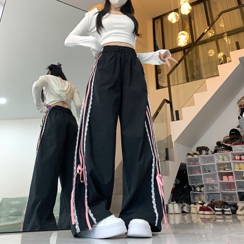 Real shot of lace bow straps sweatpants jazz dance pink striped retro wide-leg straight casual pants