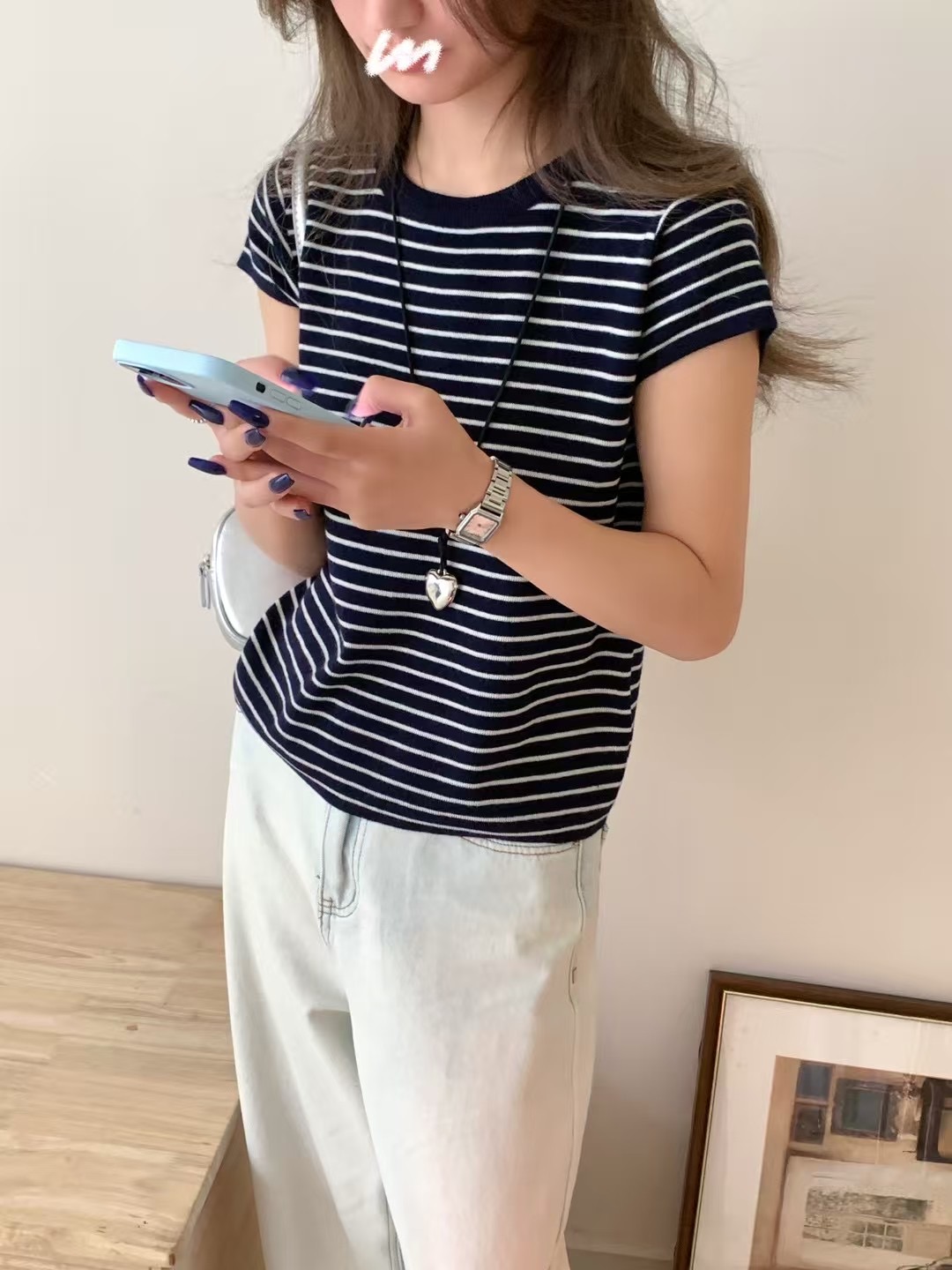 實拍～韓系條紋短袖T恤女顯瘦小個子寬鬆百搭針織衫女