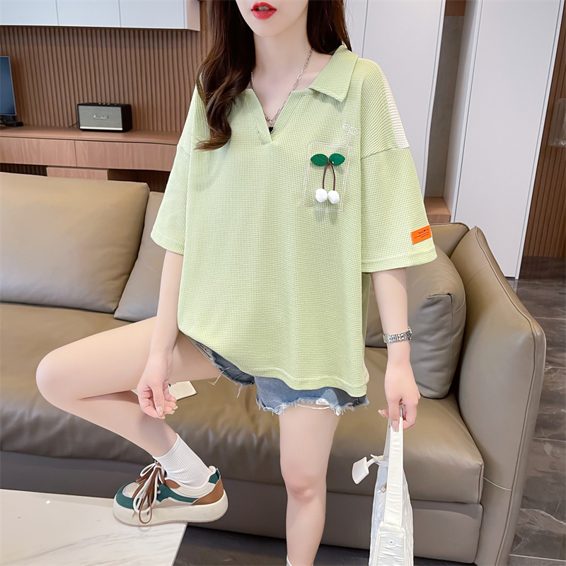 The first shot of the waffle rear collar Korean version contrasting embroidered POLO neck short-sleeved T-shirt women's top trendy