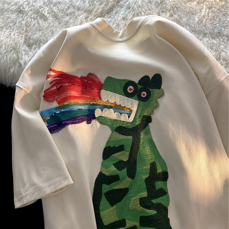 Official picture 100% cotton back bag collar and shoulder original embroidery + bead sheet heavy industry dinosaur short-sleeved t