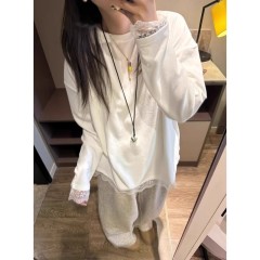 韓系高級感蕾絲花邊長袖T恤女春秋寬鬆純棉打底衫內搭可外穿上衣