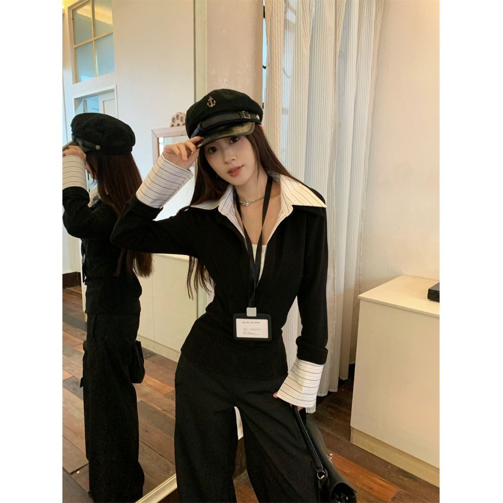 Original method fake two-piece spliced ​​lapel sweater for women in winter design, waist-hugging slim and versatile top