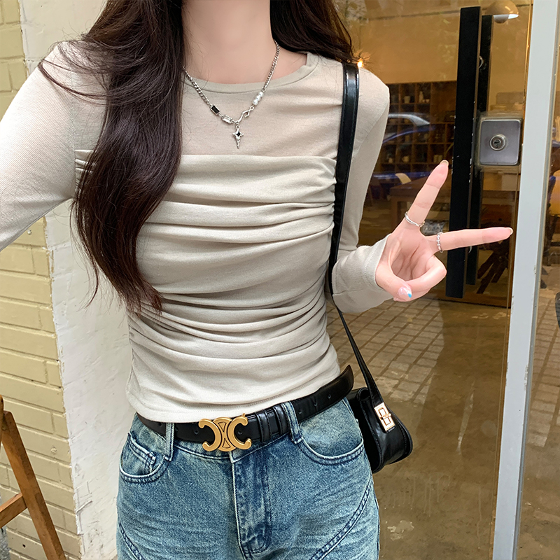 Real-life mesh long-sleeved T-shirt for women in spring 2025 new design niche pleated slim fit short top
