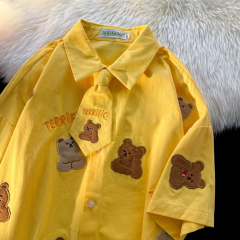 Official picture 100% polyester fiber bear embroidery with tie design sense shirt couple