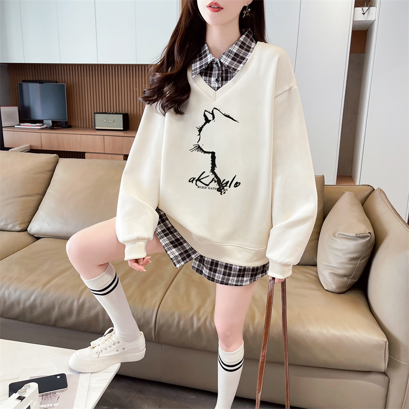 First shot of the real-time collar twill, thin top POLO collar plaid sweatshirt, women's long-sleeved jacket