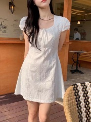 韓國ins 方領蝴蝶結系帶修身顯瘦短袖連衣裙女