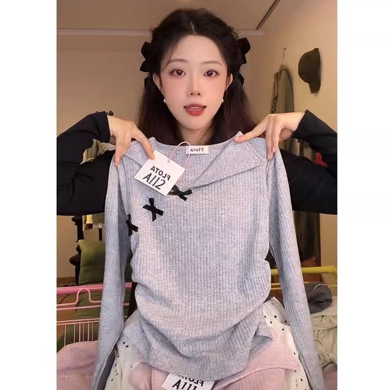 原版做工 側邊蝴蝶結翻領長袖女2025年春季修身氣質風內搭上衣